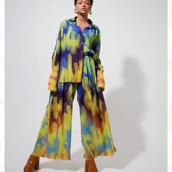 Kai Collective MAWULI PRINTED PLISSE Trousers- AYO PRINT BLUE - Picture 1 of 15